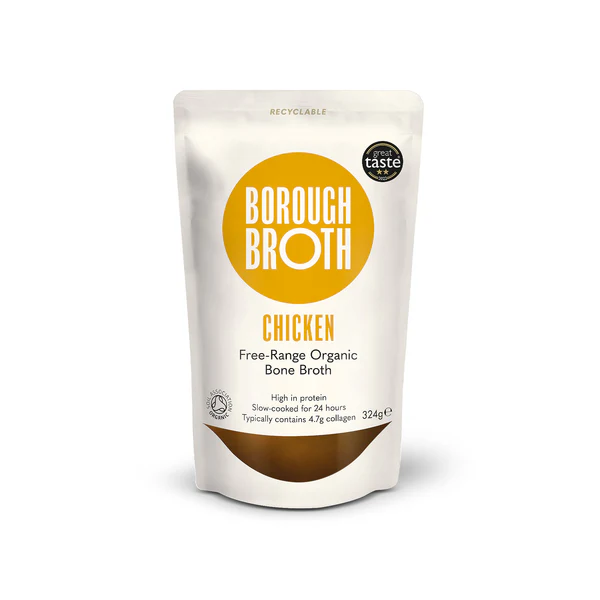 Packaging of Borough Broth Chicken, highlighting 'Free-Range Organic Bone Broth', with notes on protein content and cooking process.