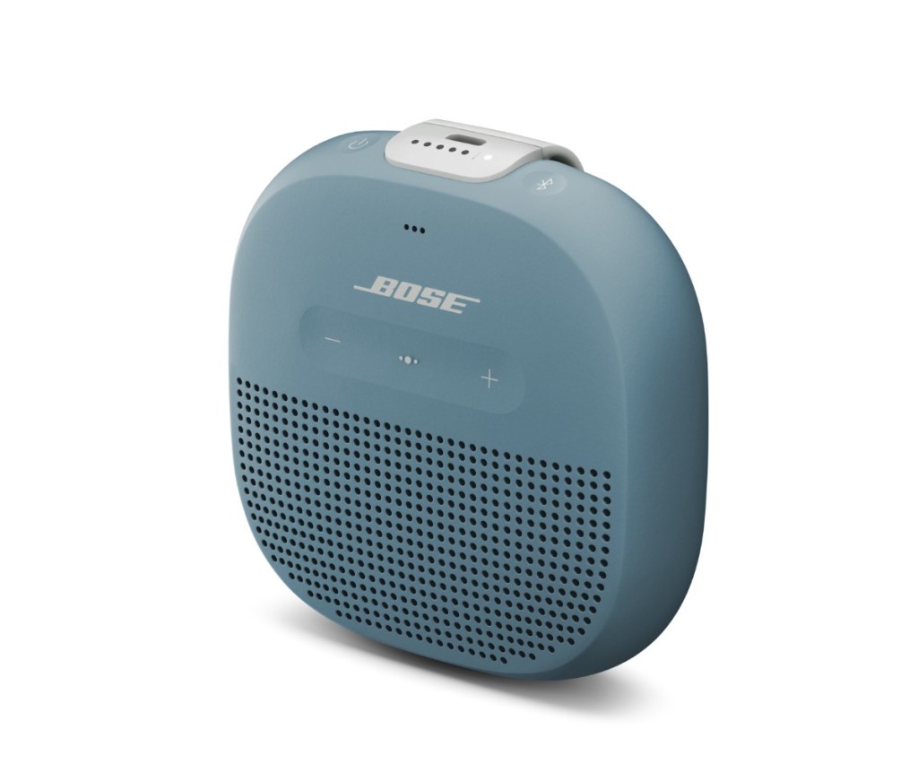 A compact Bose SoundLink Micro Bluetooth speaker, showcasing a waterproof and drop-resistant design, ideal for outdoor use.
