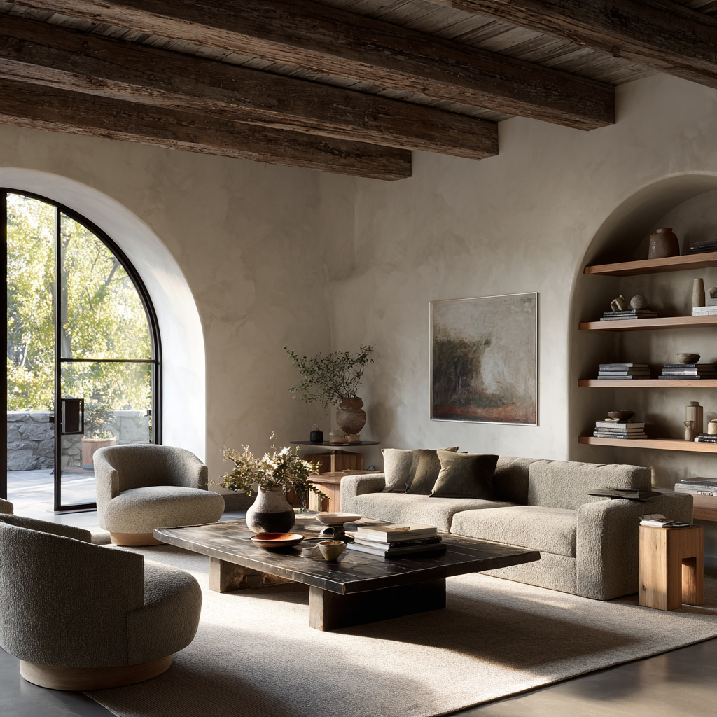 A cozy and modern living room featuring large windows, rustic wooden beams, and a neutral color palette. It includes a comfortable sofa, two plush chairs, a wooden coffee table, and decorative items on shelves.