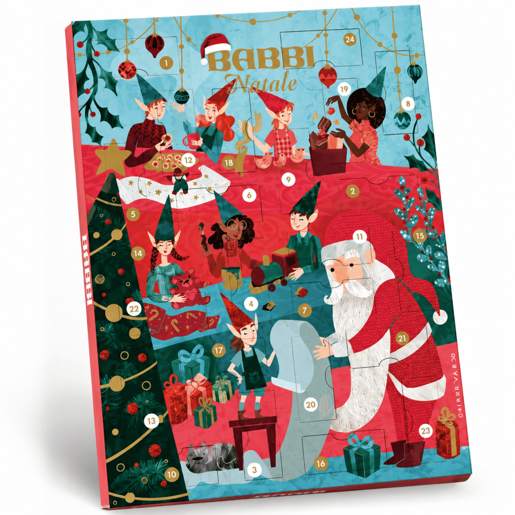 Colorful Christmas advent calendar featuring Santa Claus and cheerful elves engaging in holiday activities, surrounded by decorations, gifts, and festive elements.